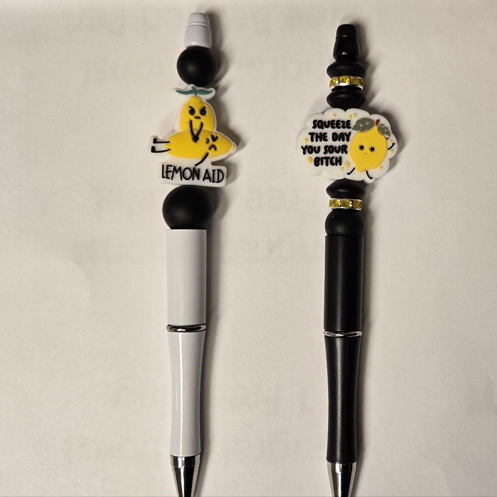 Hand Beaded Pen Set Of 2 Lemon Themes W/ Ink Refills